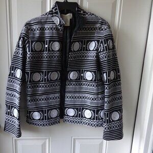 Silk Club women's size SP jacket black with white embroidery, open front, lined